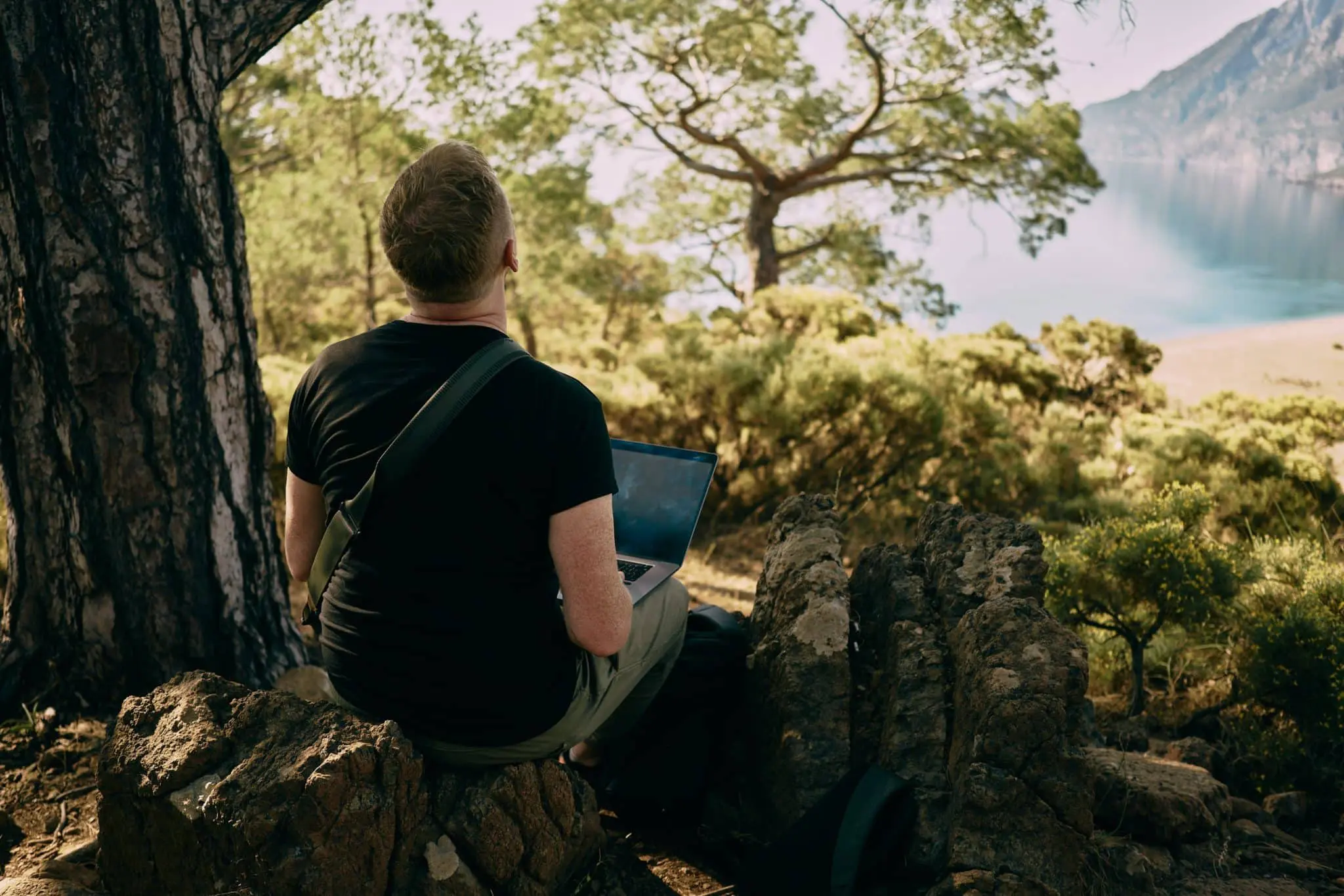 Man on laptop in the sun by tress and lake