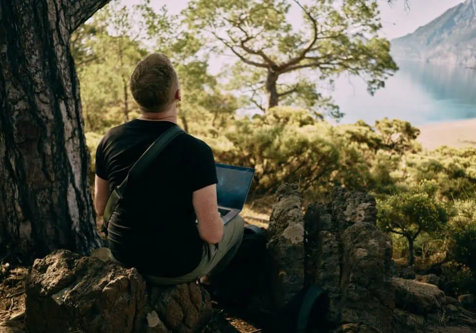 Man on laptop in the sun by tress and lake