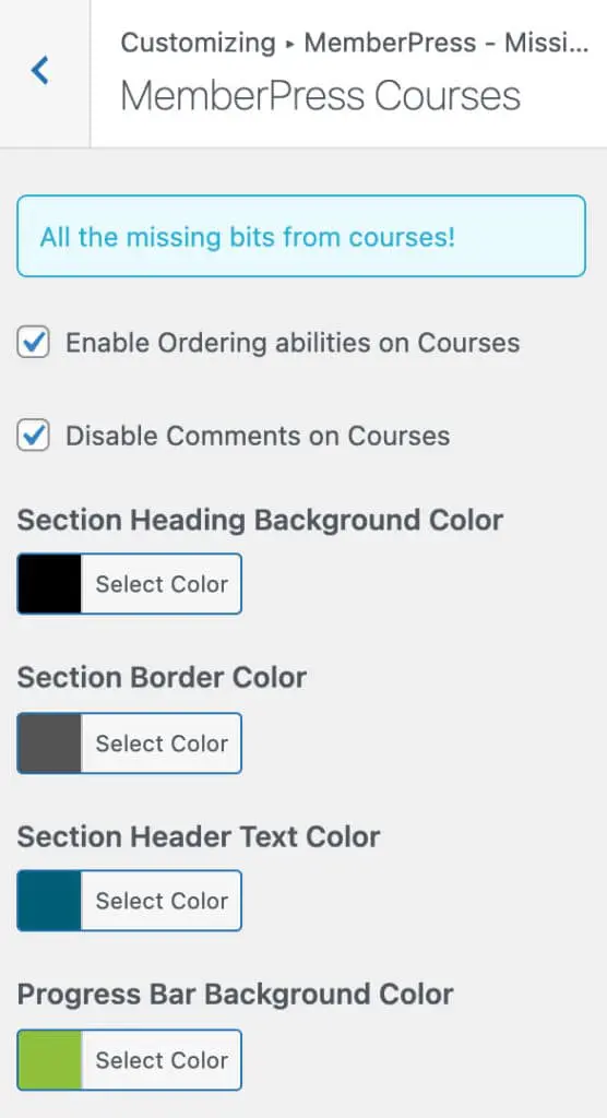 Courses styling in Missing Bits for MemberPress