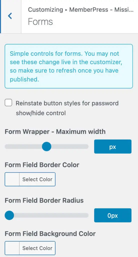 Customizer settings for Missing Bits for MemberPress WordPress plugin