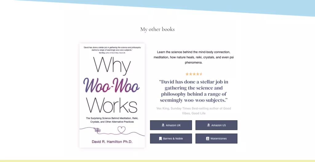 Image of the books page from Dr David Hamilton's author website.