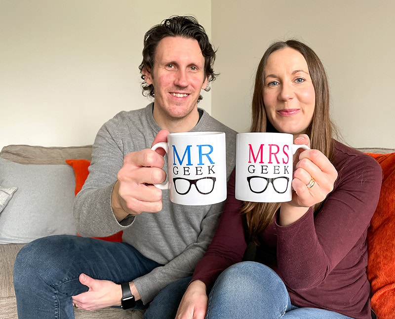 Chris and Jude with Mr and Mrs Geek mugs