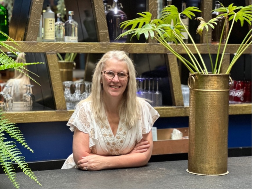 Jane Pangbourne relaxed and smiling and not worrying about her website