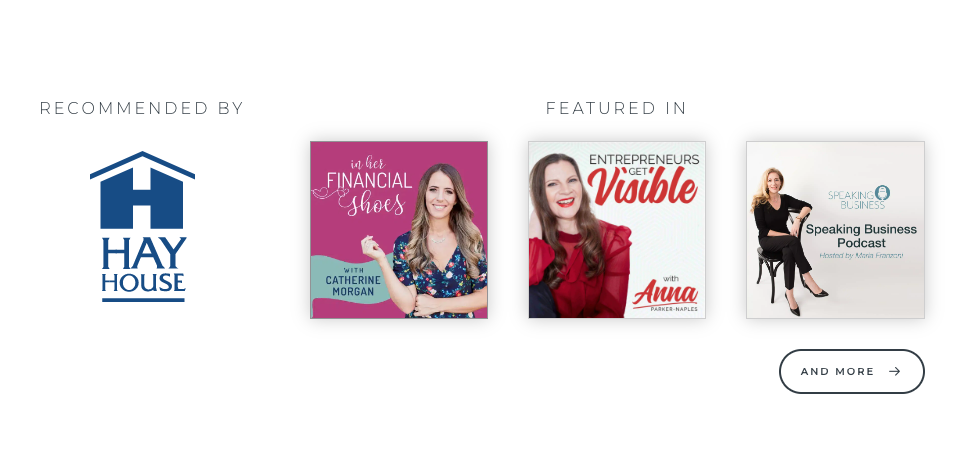 Recommended by Hay House logo, Featured in Catherine Morgan's Podcast cover, Anna Parker Naples Podcast cover and Maria Franzoni's Podcast cover